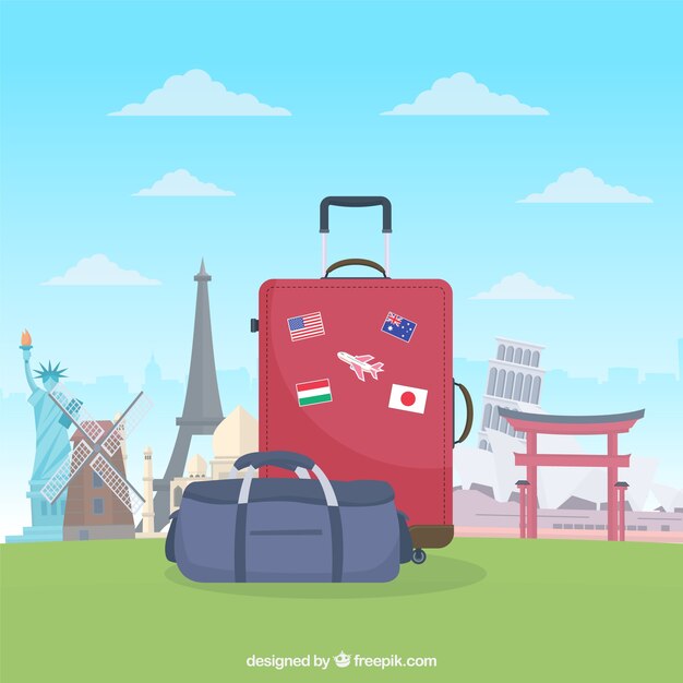 Suitcase with landmarks in flat style