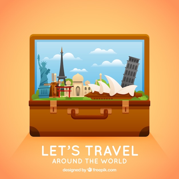 Free vector suitcase with landmarks in flat style