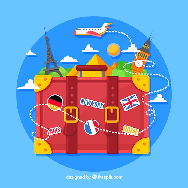 Suitcase with landmarks in flat style