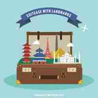 Free vector suitcase with landmarks in flat style