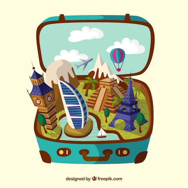 Free vector suitcase with landmarks in hand drawn style