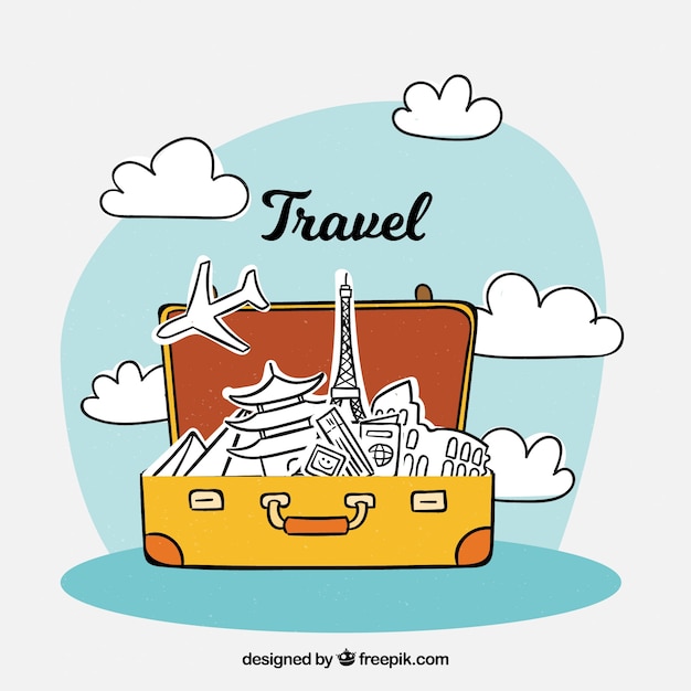 Free vector suitcase with landmarks in hand drawn style