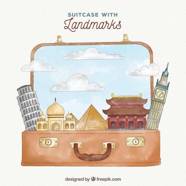 Suitcase with landmarks in watercolor style