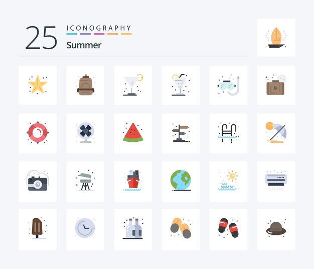 Пакет значков Summer 25 Flat Color, включающий лед летней школы подводного плавания