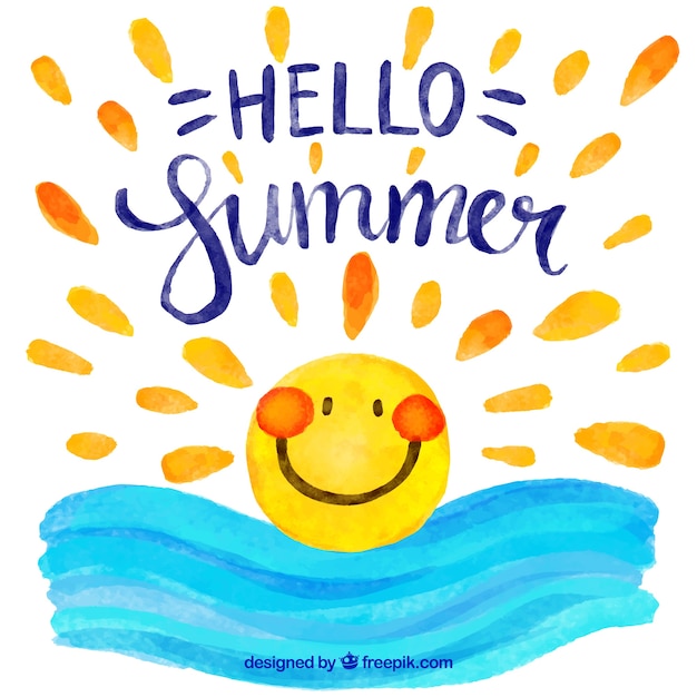 Free vector summer background of happy sun and watercolor sea