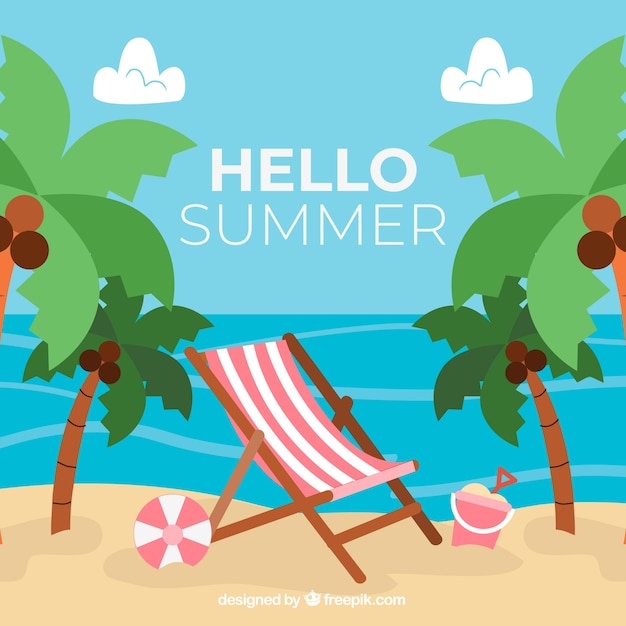 Free vector summer background with beach and palm trees in flat style