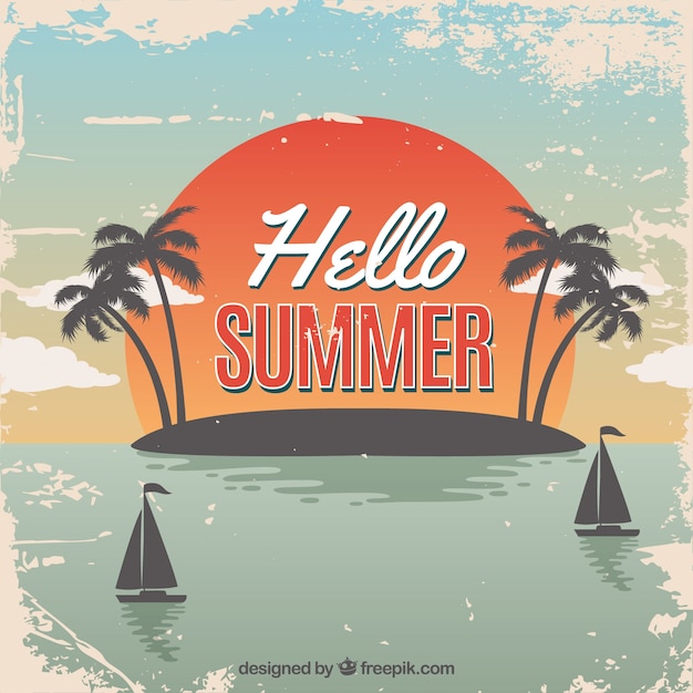 Free vector summer background with beach view in vintage style