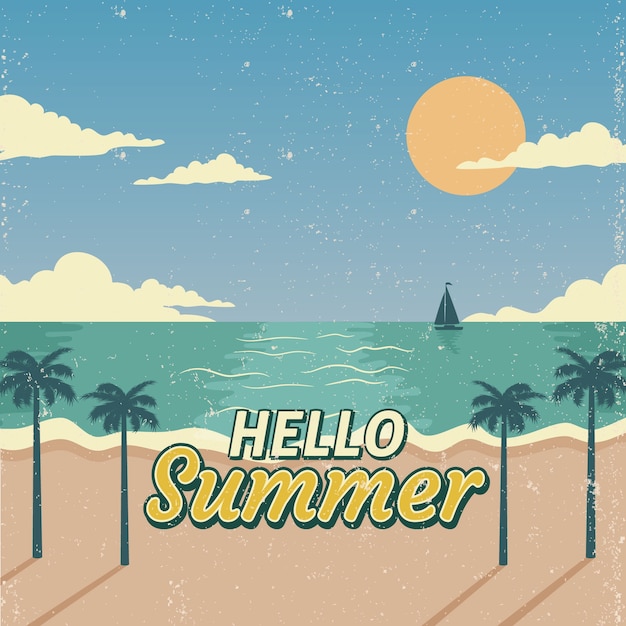 Free vector summer background with beach view in vintage style