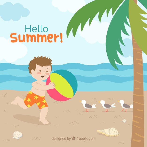 Summer background with boy playing in the summer