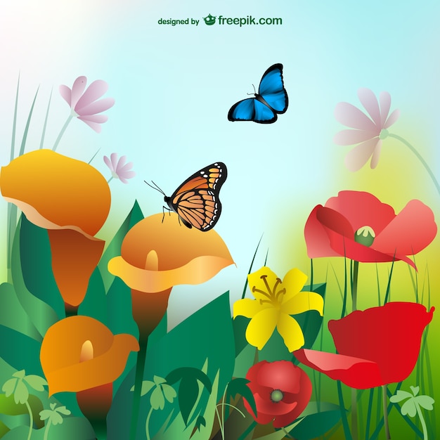 Summer background with colorful flowers and butterflies