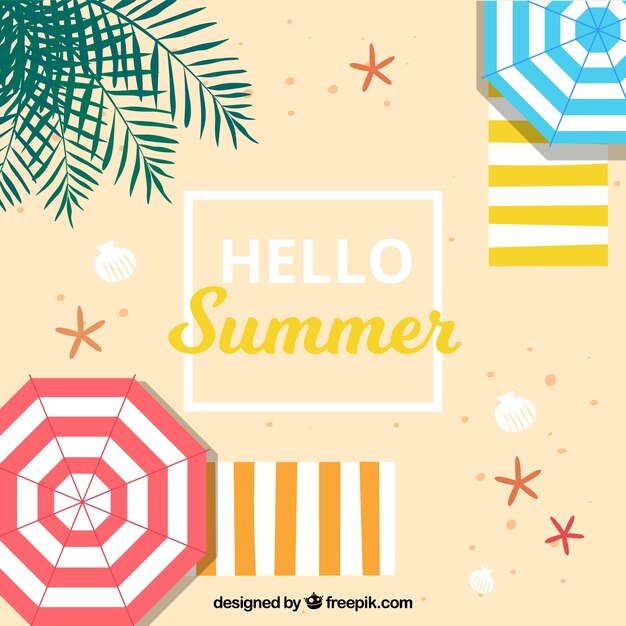 Summer background with colorful umbrellas  in flat style