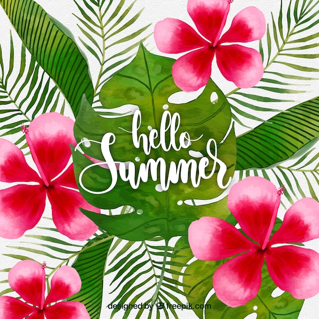 Summer background with colorful watercolor flowers