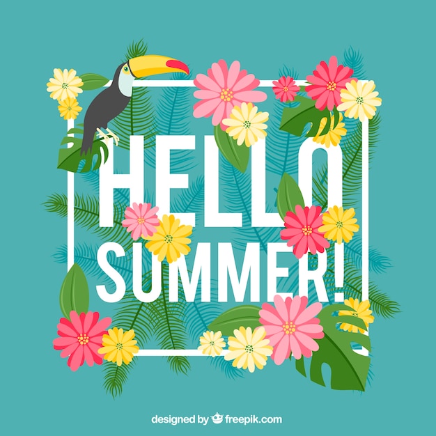 Summer background with flowers and toucan