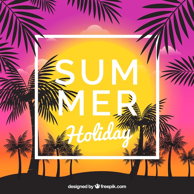 Free vector summer background with frame and palm tree silhouettes