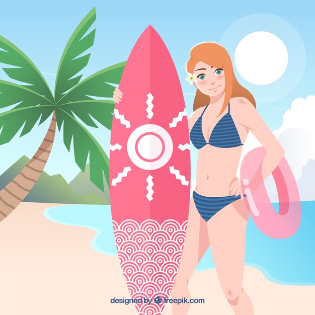 Summer background with girl and surfboard
