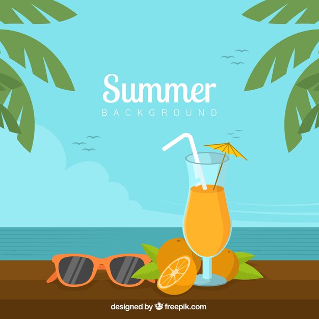 Summer background with orange drink and palm trees