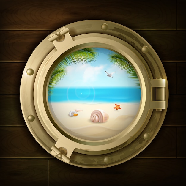 Summer background with palm shells and starfish on beach in ship porthole on wood table
