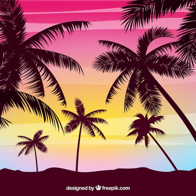 Free vector summer background with palm tree silhouettes