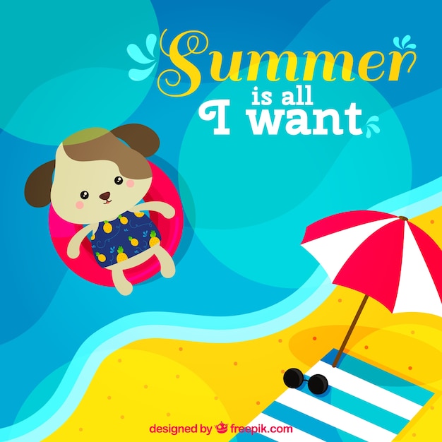 Free vector summer background with puppy in a float