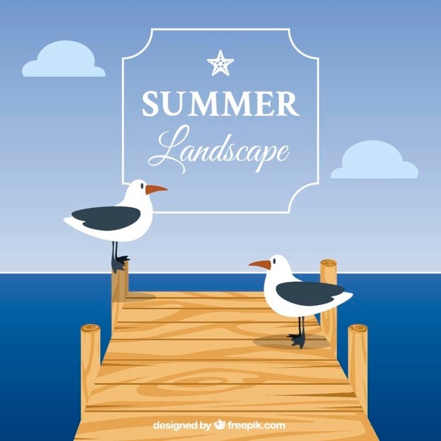 Free Vector summer background with seagulls on the pier
