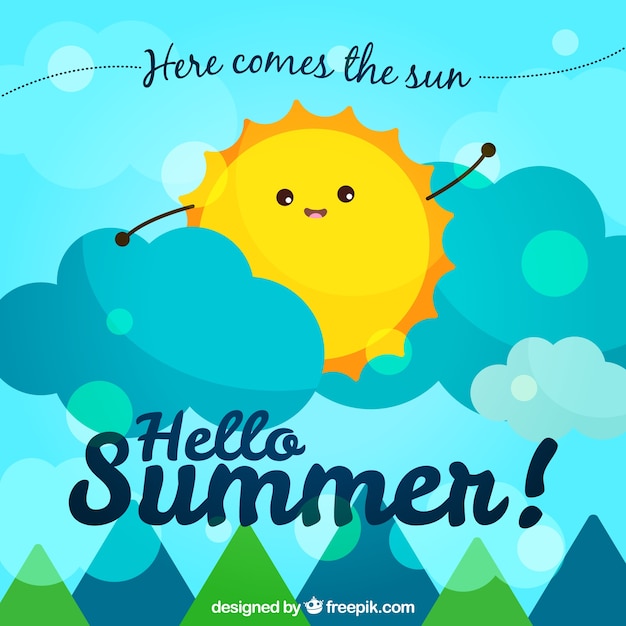 Free vector summer background with sun and clouds