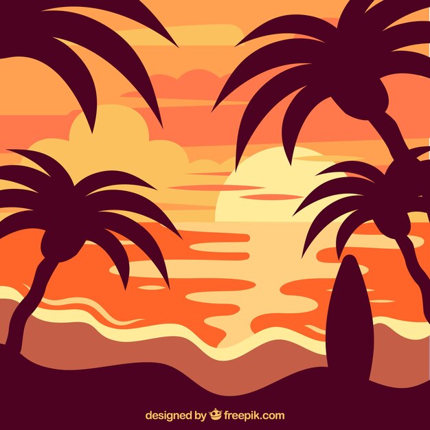 Летний фон с закатом и пальмами