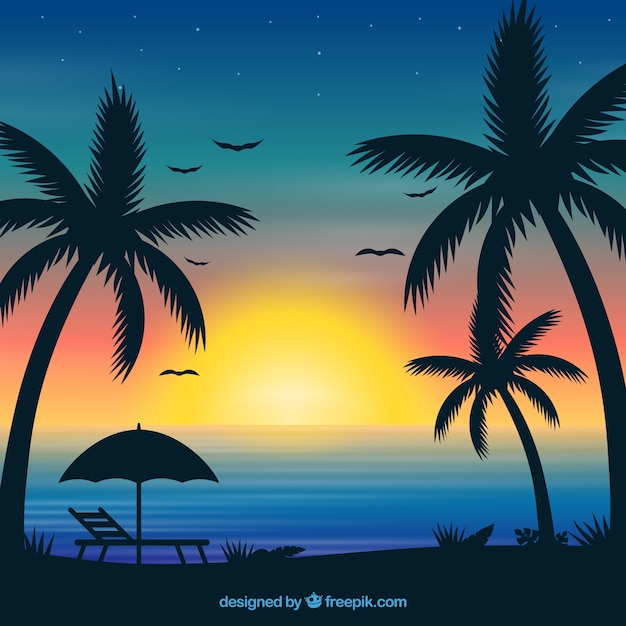 Free vector summer background with sunset and palm trees