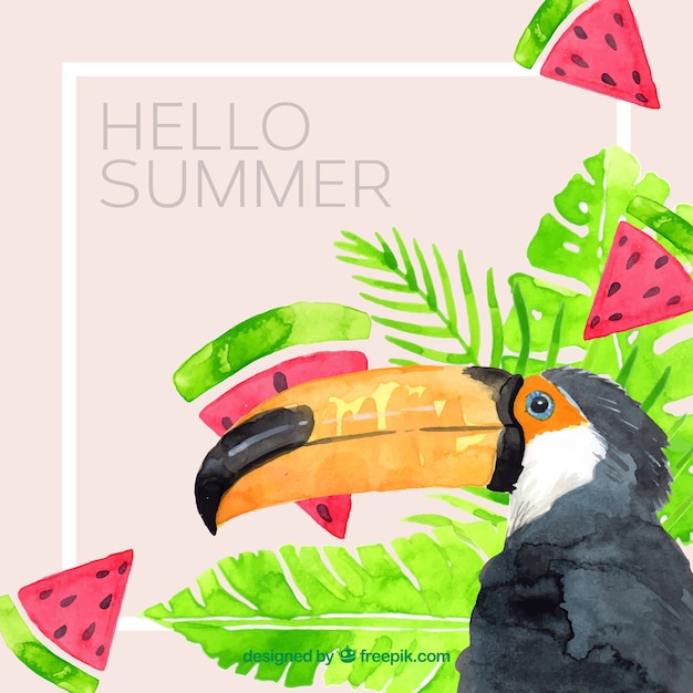 Summer background with toucan and plants in watercolor style