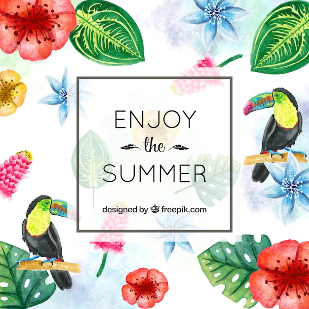 Free vector summer background with tropical flowers and watercolor flowers