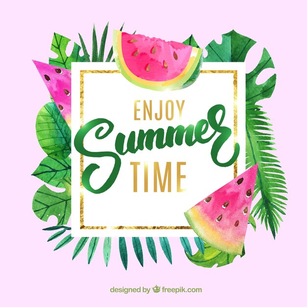 Summer background with watercolor leaves and fruit