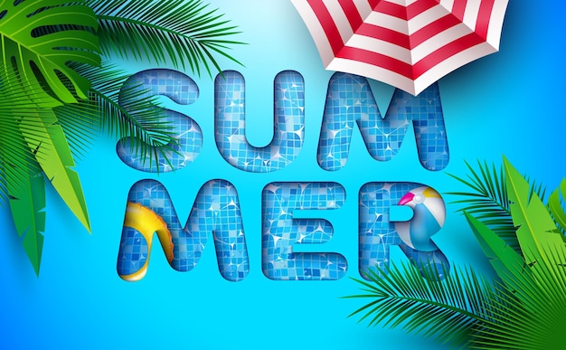 Free vector summer banner design with swimbelt sunshade and beach ball on water in the tiled pool lettering