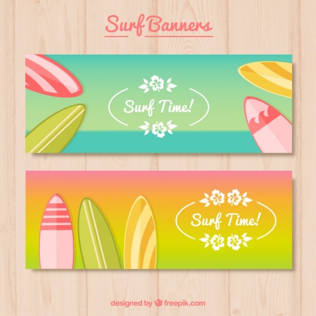 Summer banners with colored surfboards