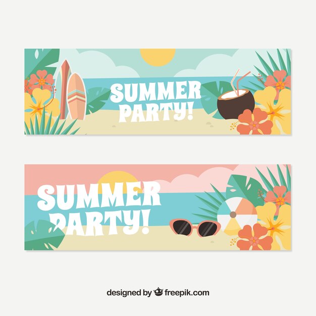 Free Vector summer banners with flowers and items in pastel colors