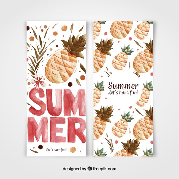 Summer banners with watercolor pineapples