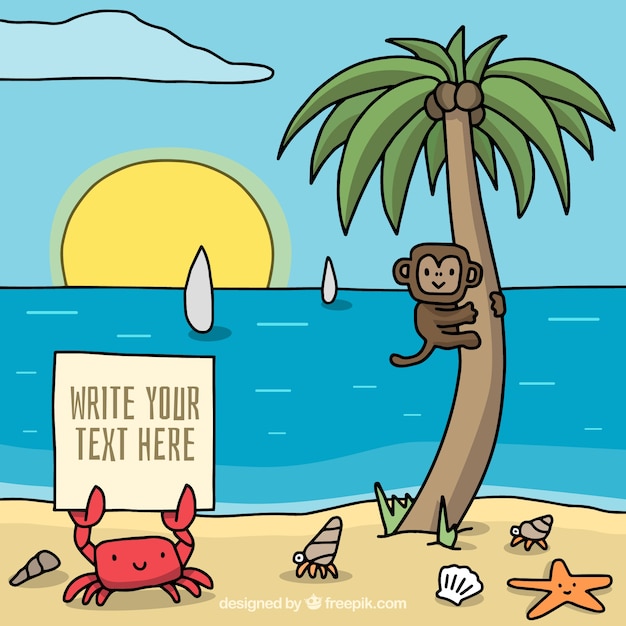 Free vector summer beach background with cute monkey and crab