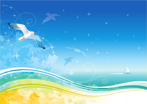 夏のビーチのバナー 漫画の海の背景 旅行休暇セット 砂の島の休日イラスト 熱帯の海のコンセプトです バッグ カクテル 傘のある太陽の風景 プレミアムベクター