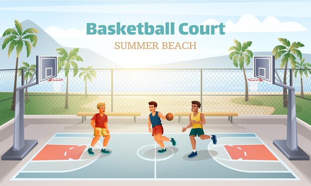 Summer beach basketball court scenery with tree players cartoon vector illustration