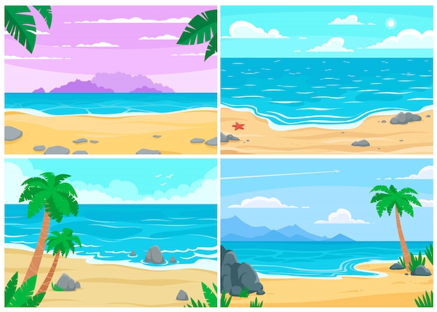 夏のビーチ 海や海の海岸 ビーチの風景 昼間の砂浜漫画背景イラスト プレミアムベクター