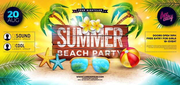 Summer Beach Party Banner Flyer Design with Sunglasses and Beach Ball on Tropical Island