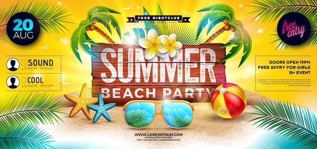 Дизайн флаера для летней пляжной вечеринки с солнцезащитными очками и пляжным мячом на тропическом острове