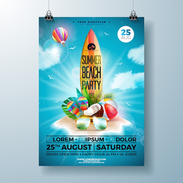 꽃, 비치 볼 및 서핑 보드와 함께 여름 해변 파티 전단이나 포스터 템플릿 디자인