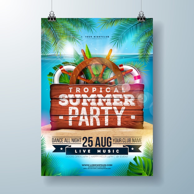 Summer beach party flyer con foglie di palma tropicale e elementi di spedizione