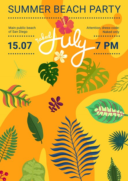 Summer beach party poster with leaves and flowers