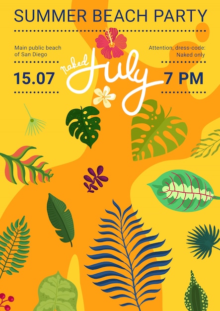 Summer beach party poster with leaves and flowers