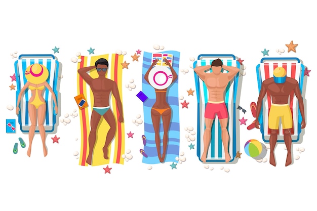 サンラウンジャーの夏のビーチの人々。リラクゼーションホリデー、日光浴、レジャー、女の子の体。