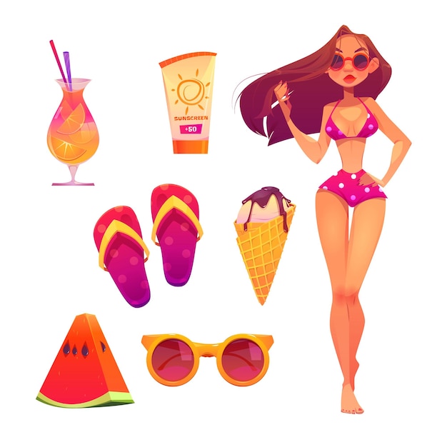 Free vector summer beach set with woman in bikini