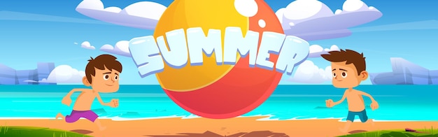 Spiaggia estiva con bambini che giocano a palla cartone animato banner