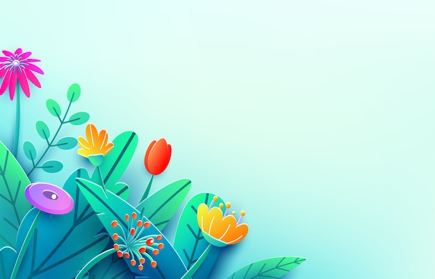 Free vector summer border with paper cut fantasy flowers, leaves, isolated