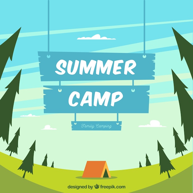 Free vector summer camp background with blue wooden sign