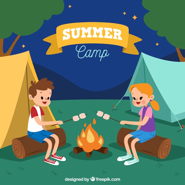 Free vector summer camp background with couple at bonfire